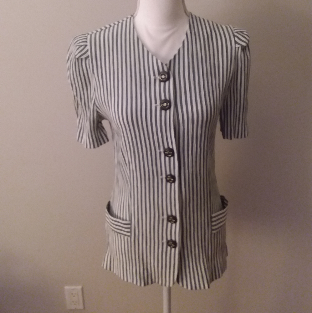 4/$20 Miss Dorby Top Grey/White Stripe V-neckline Button Down